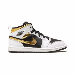 EUC Youth Size 6Y Air Jordan 1 Mid (GS) Sneakers In White/Multicolor-Gold/Black